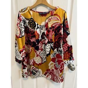 Susan Graver Style XL Blouse Blue Gold Red Floral Pullover 3/4 Sleeves Preowned​